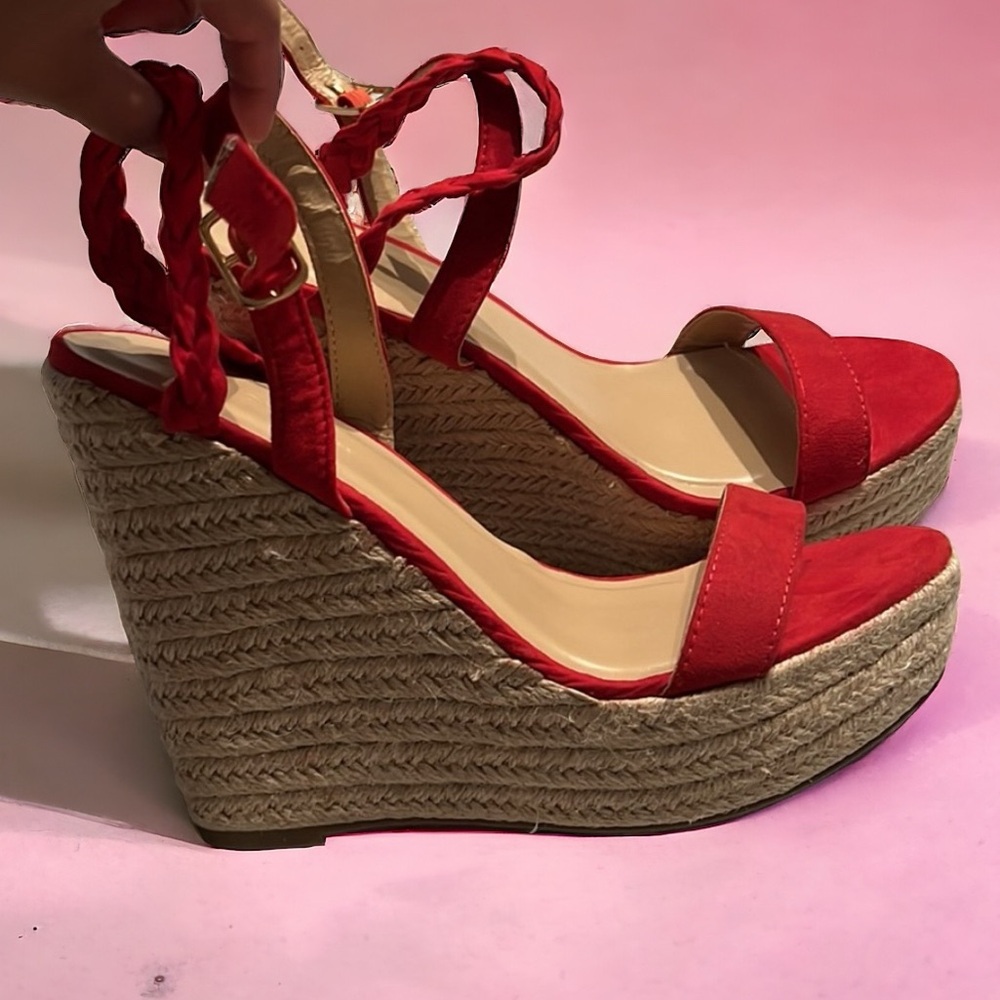 Espadrille Wedges Red with Jute Wild Diva Size 10 Adjustable Comfort